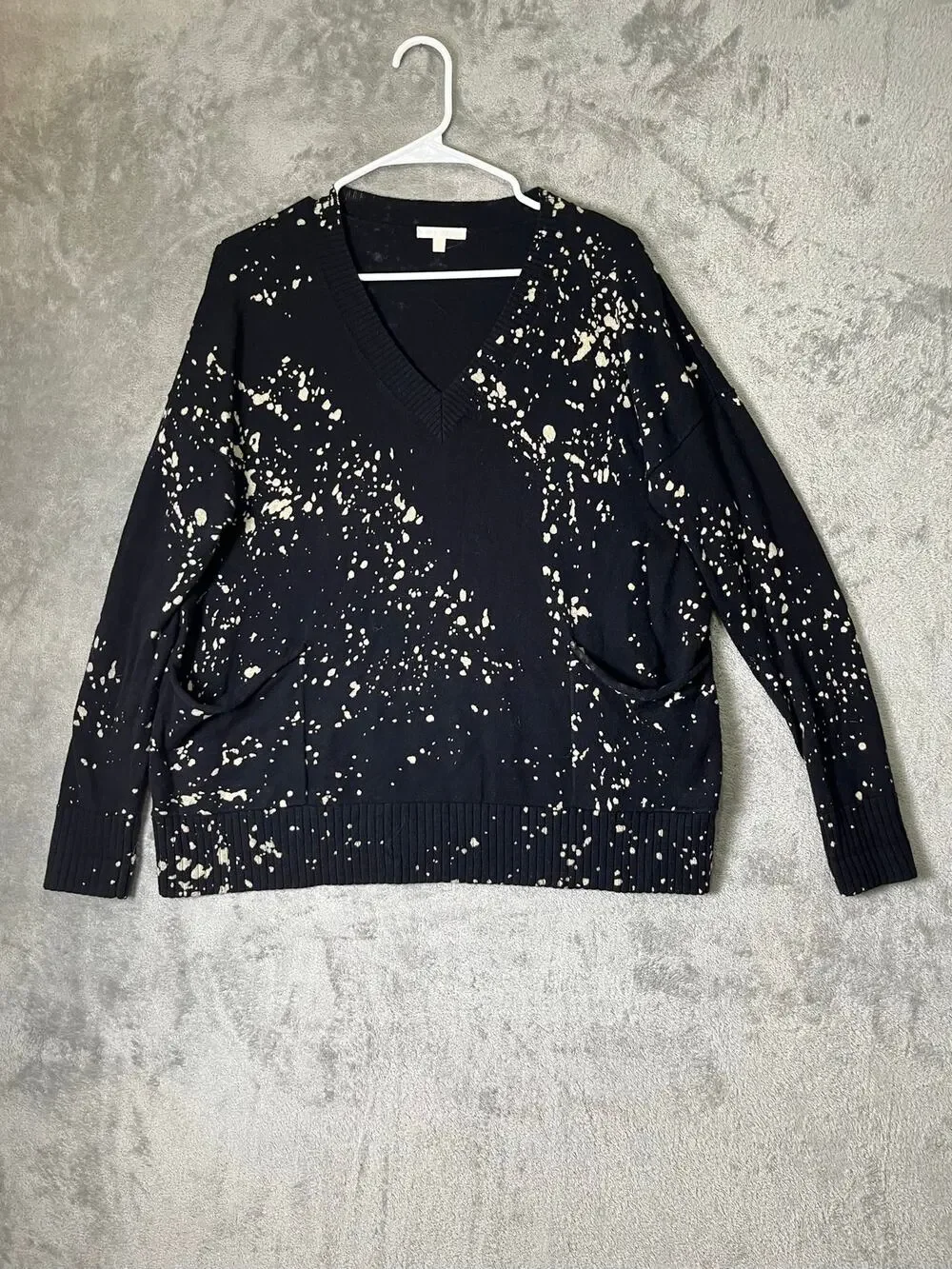 Lisa Todd Cotton Cashmere Sweater Medium Black Cream Splatter V Neck Artsy